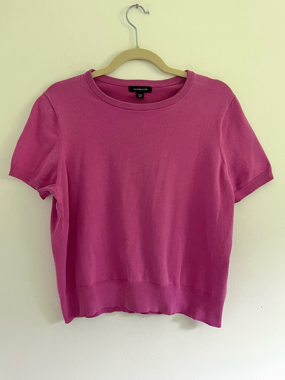 Vintage Lands' End Fuschia Pink Short Sleeve Crewneck Knit Top Classic Preppy LP